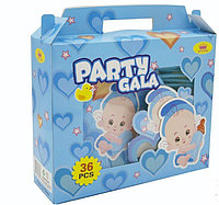 Set pentru petrecere copii, Bebelus albastru, 36 piese, ochelari, coifuri, pahare, farfurii, paie si suflatori