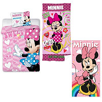 Set Minnie Mouse 3 in 1 , Lenjerie de pat cu Husa pentru pilota, 1 fata de perna si 2 prosoape 70 x 140 cm,