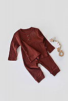 Set bluzita cu maneca lunga si pantaloni lungi din bumbac organic si modal - Caramiziu BabyCosy (Marime: 6-9