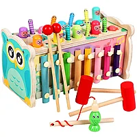 Jucarie din lemn 4 in 1 Banc de lucru cu ciocanel, Multifunctional, din lemn, Montessori, Bufnita Vesela