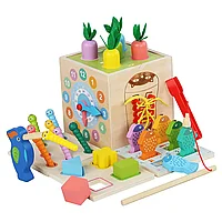 Cub educativ Montessori din lemn 6 in 1 cu activitati Montessori