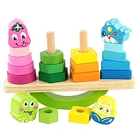 Joc de echilibru, sortare si stivuire forme geometrice, din lemn, Montessori