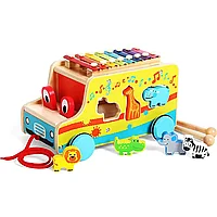 Jucarie interactiva in forma de autobuz, de tras si sortat, din lemn, cu xilofon si 6 animalute, Montessori