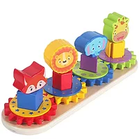 Joc Montessori de stivuire forme din lemn 4 Piramide cu animale si roti zimtate