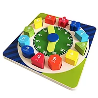 Joc educativ de sortare Montessori Ceasul din lemn cu forme geometrice si cifre