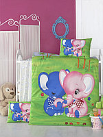 Lenjerie de pat pentru copii, Victoria, Elephant, 4 piese, 100% bumbac ranforce, verde/albastru, 100x150 cm