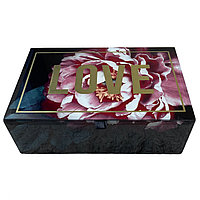 Casetă bijuterii din sticlă cu oglinzi exterioare, Love cu bujor, 19 x 13 x 7 cm