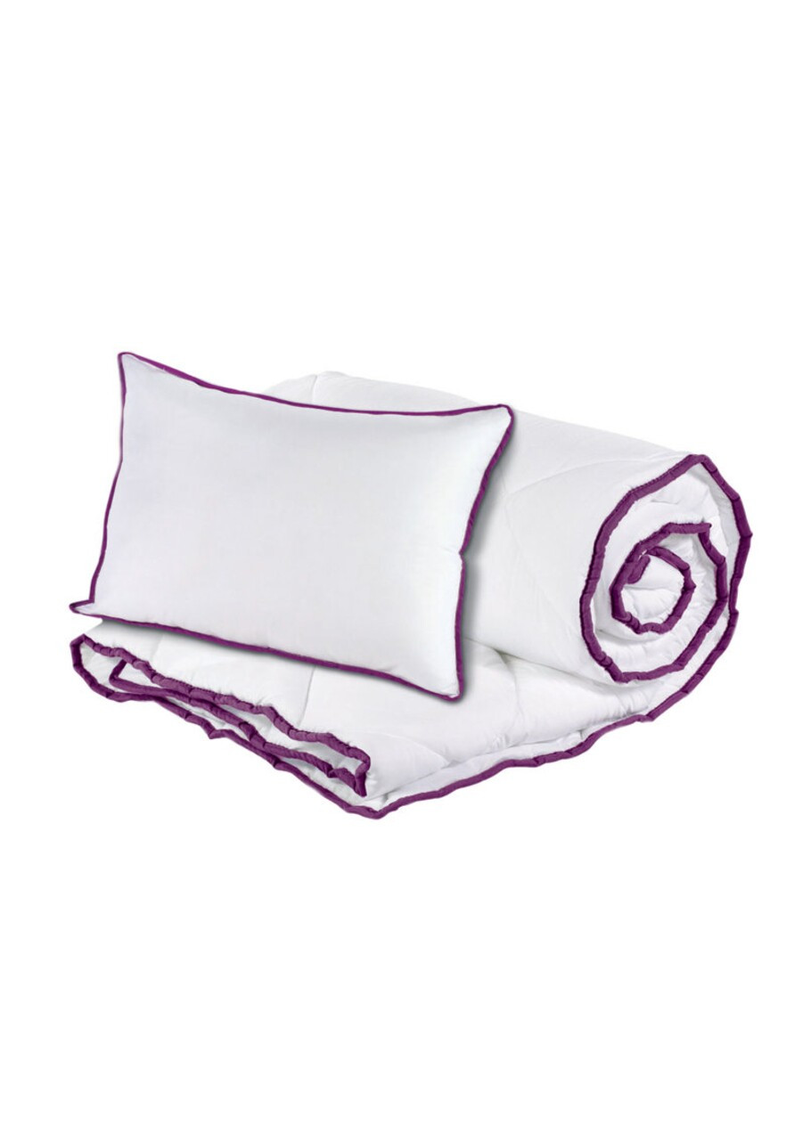 Set DUO alb-mov, 4 anotimpuri, 1 perna microfibra 50x70 cm si 1 pilota matlasata 140x200 cm - foto 1 - id-p94174808