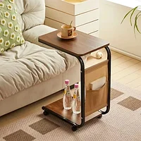 Masuta din otel carbon pentru cafea, 4 roti, 2 blaturi din lemn, buzunar de depozitare, 65 (H) x 45 (L) x 30