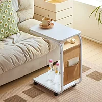 Masuta din otel carbon pentru cafea, 4 roti, 2 blaturi din lemn, buzunar de depozitare, 65 (H) x 45 (L) x 30