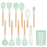 Ustensile bucatarie, silicon si bambus, menta, set 12 piese, Springos