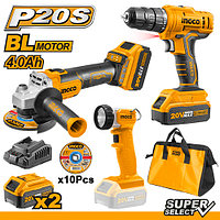 Set Ingco: Bormașină 20V + Polizor Unghiular BL + Lanterna cu Acumulatori