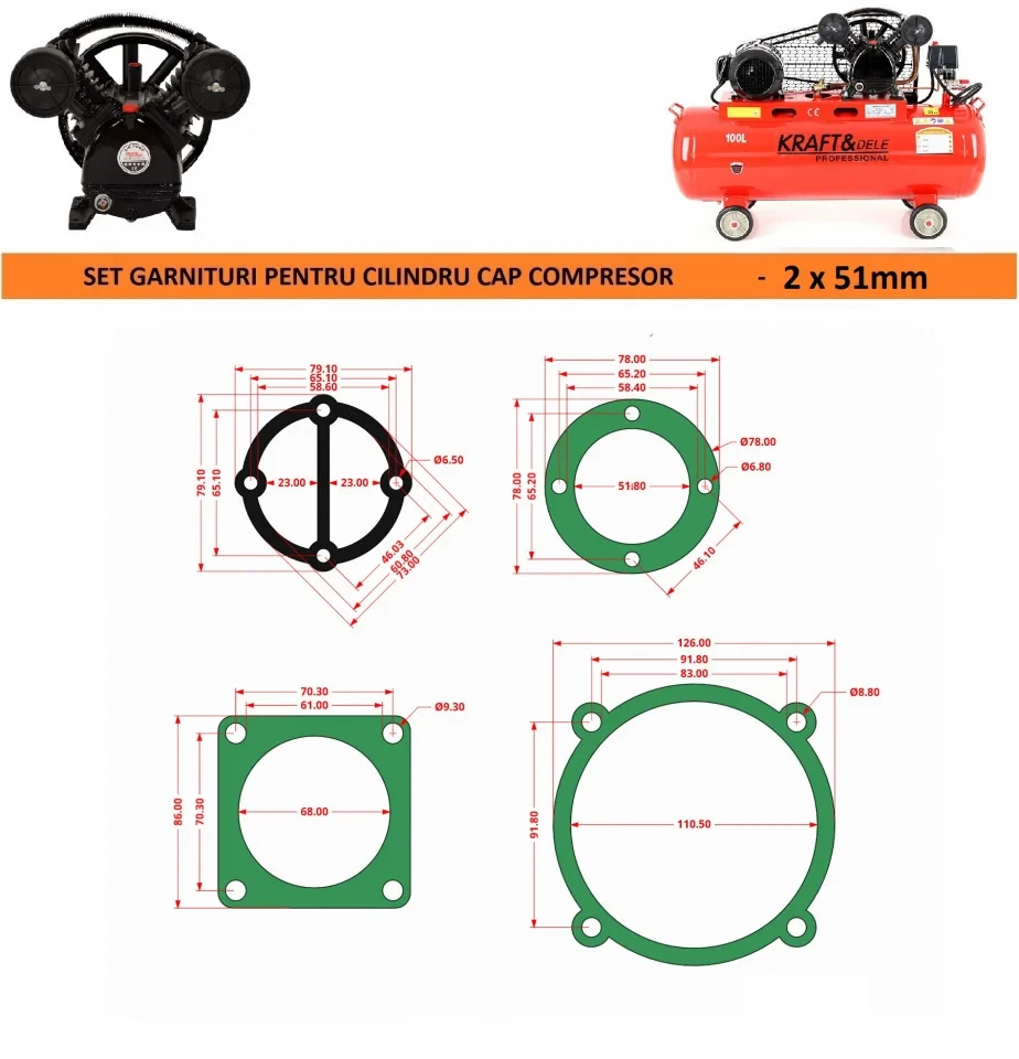 Set complet de 7 garnituri cap compresor de aer cu 2 cilindri de 51mm CH094 Mode.17(A)