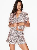 Pijama, Victoria's Secret, Cotton Cropped Short PJ Set, Pink Black mini Leopard Hearts, Marime M