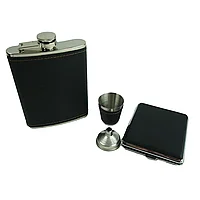Set cadou, Moongrass, pentru barbati, cu 4 accesorii tabachera, plosca, paharel si palnie, negru