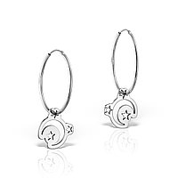 Cercei creole, charm semiluna si stelute, argint 925 placat cu platina