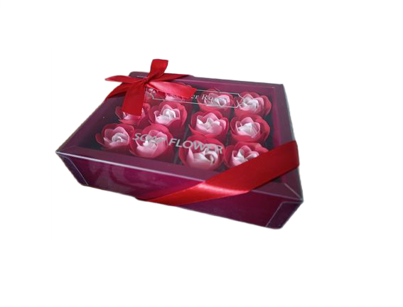 Set de 12 flori de săpun ambalate în cutie roșie, cu fundiță - foto 1 - id-p90117856