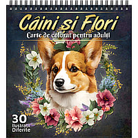 Carte de colorat pentru adulti, Caini si Flori, 30 Mandale Antistres cu Caini, 2023, 66 pagini