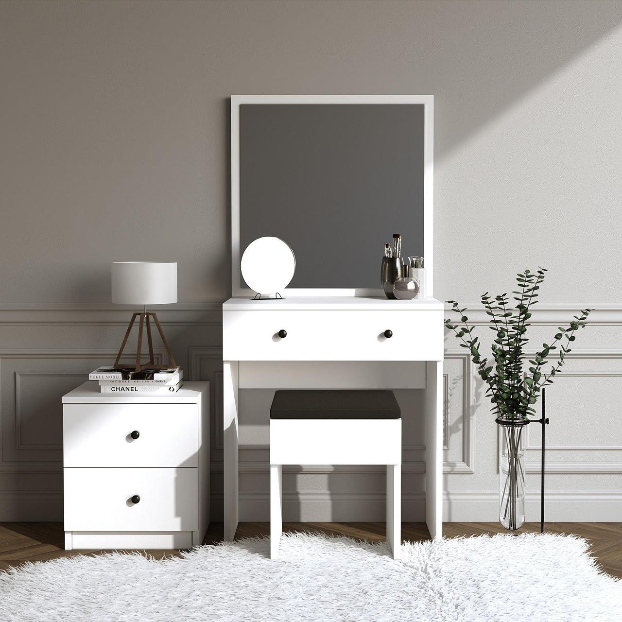 Masa de toaleta / machiaj Nice cu oglinda, taburet si comoda, Alb, 65 x 139 x 35 cm - foto 1 - id-p96565642