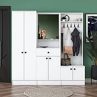Cuier cu pantofar Icardi cu 6 usi si oglinda, Alb, 179 x 183 x 37 cm