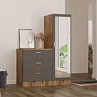 Dulap Haine pentru Casa Frame A Oligo cu Oglinda si 3 sertare, Alb - Gri - Nuc 100 x 140 x 47 cm