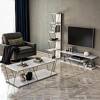 Set Mobila Sufragerie Epsilon, Alb - Galben - Gri - Stejar, 3 piese