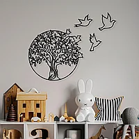 Decoratiune de perete Metal Tree And Birds_3, Negru, 56x1x61 cm