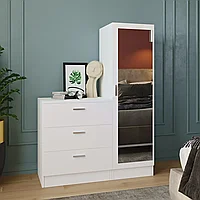 Dulap Haine pentru Casa Frame A Oligo cu Oglinda si 3 sertare, Alb - Gri - Nuc 100 x 140 x 47 cm