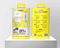 Incarcator Auto si Retea, cu Cablu micro USB - set 3 in 1 : Culoare - alb