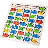 Joc de pescuit Montessori din lemn cu magnet, puzzle incastru, alfabet si cifre, 30 x 30 cm - 36 piese