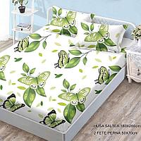Set Husa de Pat cu Elastic din Finet, pentru Pat Dublu, 3 Piese, 2 Fete de Perna, Alb cu Verde