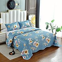 Set de 2 Persoane Cuvertura de Pat Bumbac 3 Piese, 2 Fete de Perna, 230x250 cm, Albastru cu Flori