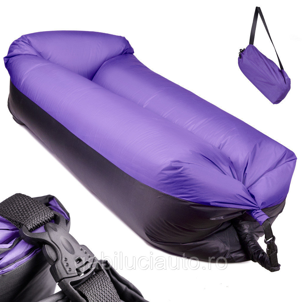 Saltea Autogonflabila "Lazy Bag" tip sezlong, 185 x 70cm, culoare Negru-Violet, pentru camping, plaja sau