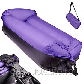 Saltea Autogonflabila "Lazy Bag" tip sezlong, 185 x 70cm, culoare Negru-Violet, pentru camping, plaja sau