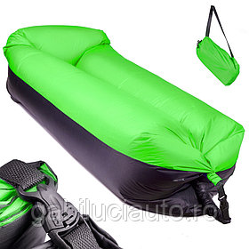 Saltea Autogonflabila "Lazy Bag" tip sezlong, 185 x 70cm, culoare Negru-Verde, pentru camping, plaja sau