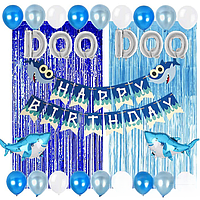 Set baloane BABY SHARK, baloane latex, 2 rechini din folie de aluminiu, 2 "DOO", perdele decorative, banner