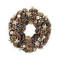 Decoratiune Craciun, coroana cu conuri si globuri, auriu, 34 cm