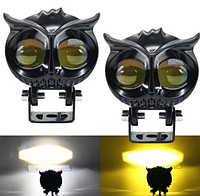 Set 2x Proiector led Off-Road, moto, ATV cu lupa 50W, 12V - 24V, model bufnita, 2 faze alb si galben, BZRSH