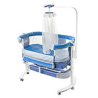 Pat Bebe Baldachin, albastru, cu 3 nivele si spatiu de depozitare - Co-Sleeping 0-12 luni
