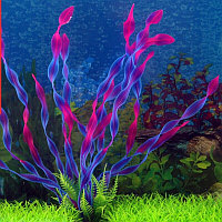 Planta artificiala silicon pentru acvariu, 25 cm, baza imitatie piatra, albastru-roz, bule flotante la