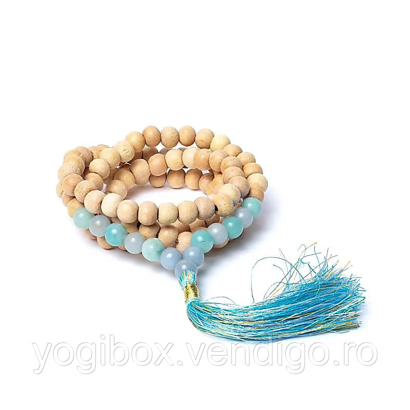 Colier Mala, lemn de Tulsi, angelit si amazonit, 0.8 cm - foto 1 - id-p90444005