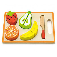 Set din lemn, Fructe de taiat pe tocator, + Cutit, Viga Toys