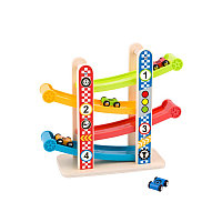 Tobogan din lemn pentru mașini + 4 mașini, TOOKY TOY