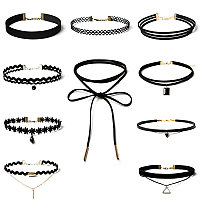 Set 10 coliere choker, Catifea, Negru