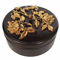 Caseta bijuterii,cutie lemn decorata cu flori aurii in relief pe capac,D20cm