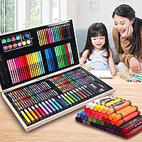 Set 180 piese pentru desen pentru copii sau adulti, creioane colorate, vopsele si markere, cu geanta de