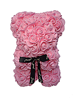 Ursulet din flori trandafiri de sapun roz 25 cm handmade cutie transparenta roz
