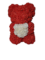 Ursulet din flori trandafiri de sapun rosu si alb 25 cm handmade cutie transparenta rosu,alb