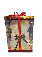 Ursulet din flori trandafiri de sapun,LED, Alb, 25 cm, Handmade, Cutie transparenta Te Iubesc