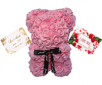 Ursulet din flori trandafiri de sapun roz 25 cm handmade, felicitare card cadou roz